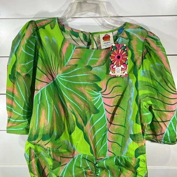 FARM Rio x Anthropologie Puff Sleeve Mini Dress Lime Green Palm Tropical NEW XL - Picture 9 of 13